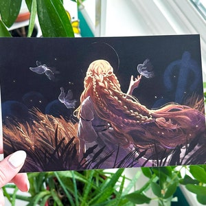 May include: A digital illustration of a woman with long, braided, blonde hair standing in a field of tall grass. She is wearing a white dress and has her hand outstretched towards a small, white butterfly. The background is a dark blue sky with stars.