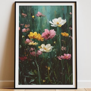 Dark Green Wildflower Poster – Moody Floral Printable Art for Home, Cottagecore Botanical Wall Decor, Digital Nature Artwork