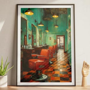Retro Barber Chair Wall Art – Vintage Barbershop Digital Print, Classic Grooming Interior Decor, Nostalgic Salon Poster