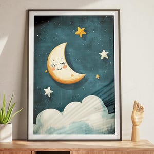 Cute Moon Digital Poster – Sleeping Crescent Moon Wall Art, Baby Room Printable Decor, Night Sky Nursery Art Download