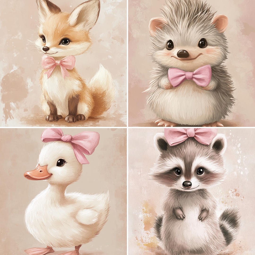 Set of 4 Printable Cute Animals Baby Room, Woodland Nursery Prints Wall ...