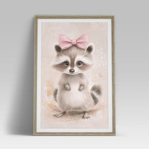 Süsser Waschbär mit Schleife zum Downloaden - Waldtier Kinderzimmer Poster, druckbare Baby Wandkunst, Wald Dekor Print