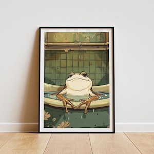Botanische kikkerbad kunst aan de muur, op de natuur geïnspireerd badkamerdecor, groene kikker in bad poster, rustieke padafdruk voor kikkerliefhebbers
