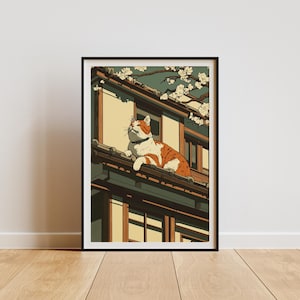 Cat on the Roof Poster, Japanese Cat Art Print, Animal Wall Art Decor, Animal Art Print, Cat Lovers Gift,Vintage Japanese Art,Japanese Decor