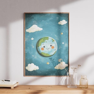 Smiling Earth Digital Poster – Planet Earth Kids Room Wall Art, Printable Nursery Decor, Space Theme Art for Children