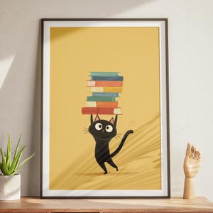 Digitales Poster Schwarze Katze mit Büchern, süße druckbare Wandkunst für Kinder, Leseratten & Katzenliebhaber, lustiges Tierdekor, digitales Poster