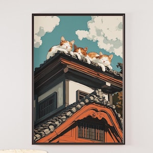 Japanese Cats on the Roof Poster, Japandi Art, Japanese Art, Japanese Wall Art, Japandi Wall Art, Cat Lovers Gift, Japanese Cat Art Print