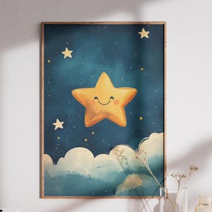 Cute Smiling Star Digital Poster – Night Sky Printable Wall Art for Nursery or Kids Room – Cartoon Star Art – Instant Download