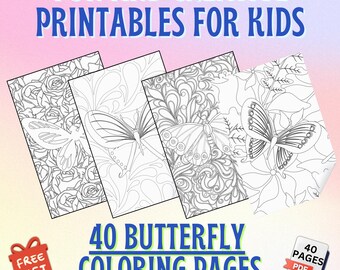 May include: A set of 40 printable butterfly coloring pages for kids. The pages feature intricate designs with butterflies and floral patterns. The text "40 Butterfly Coloring Pages" is displayed in blue and green letters.