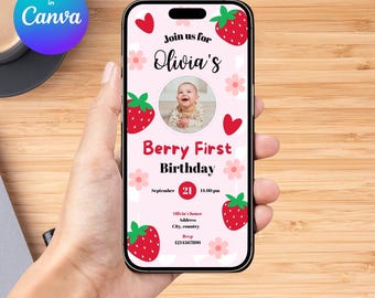 Editable Digital Invitation for Berry First birthday Party theme | editable Canva Template | first birthday invitation | evite | with photo