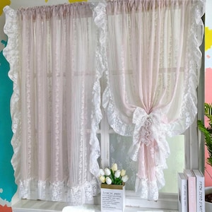 Romantic Pink Striped Lace Curtain – Ruffled Sheer Rod Pocket Panel for Bedroom, Living Room & Kitchen Decor