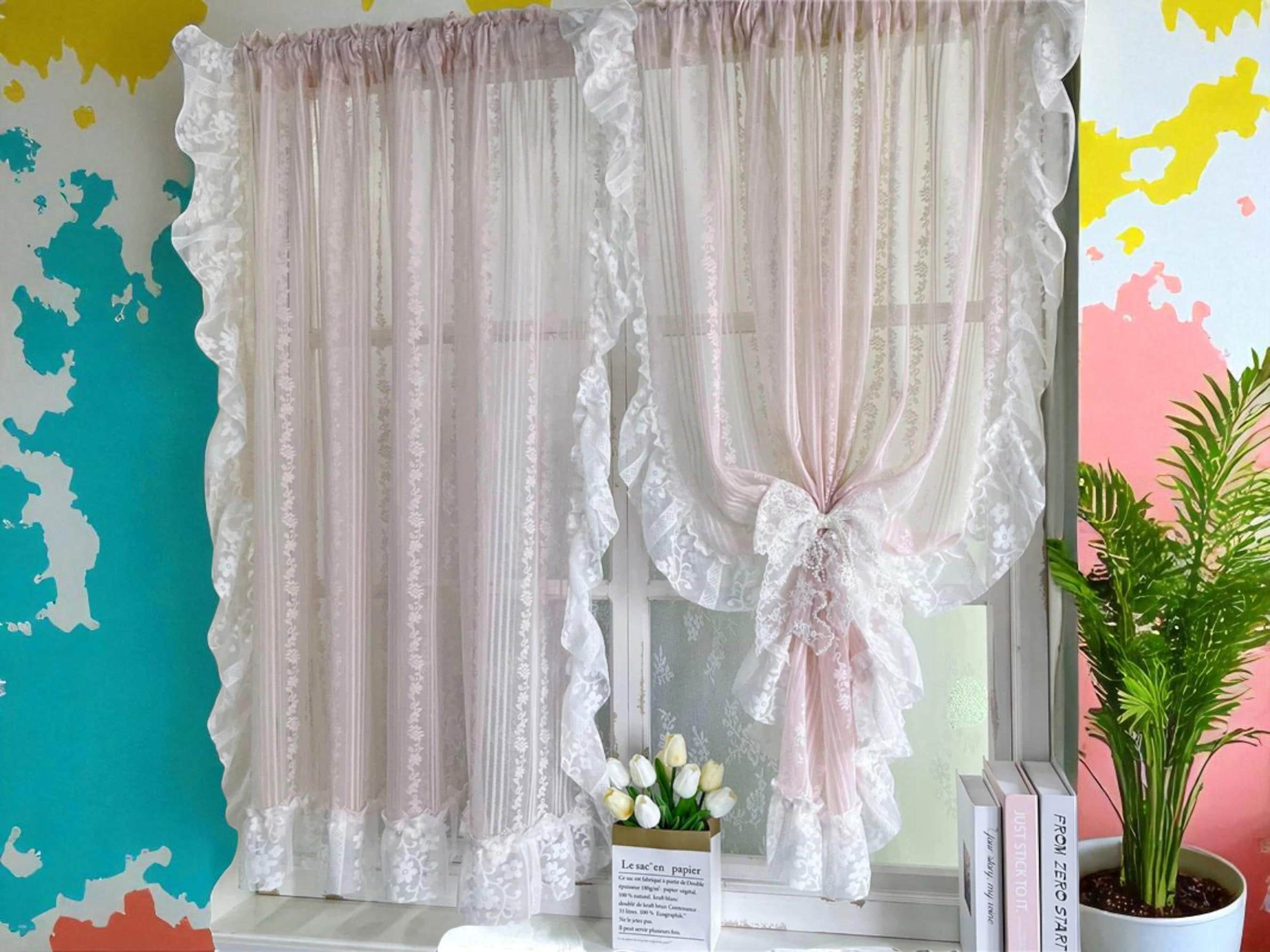 Romantic Pink Striped Lace Curtain – Ruffled Sheer Rod Pocket Panel for Bedroom, Living Room & Kitchen Decor