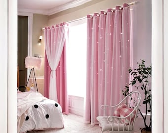 Double Layer Sheer Kids Curtains with Hollow Out Stars - Romantic Girls&#39; Bedroom & Living Room Drapes