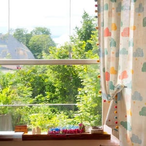 2PCS Cute Cartoon Kids Curtains – Custom Blackout Cotton Linen Drapes for Boys & Girls Room, Colorful Cloud Print