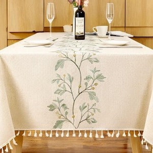 Rustic Embroidered Cotton Linen Tablecloth – Waterproof Rectangle Cover with Coffee Leaves for Kitchen & Living Room Decor