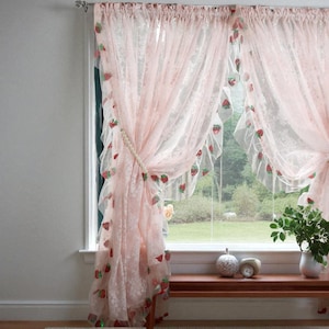 French Pink Lace Curtains, Cute Strawberry Sequin Drapes for Kitchen or Bedroom, Small Window Home Decor Curtains