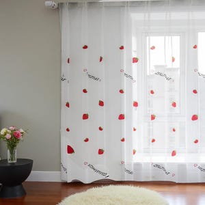 Cartoon Strawberry Sheer Curtain for Girls Room | Cute Tulle Blinds for Kitchen, Bedroom, Living Room | Pink Kids Window Panel