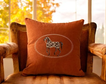 Handmade American Horse Embroidered Cushion Cover – 45x45cm Rustic Throw Pillow for Sofa, Home, Office & Car