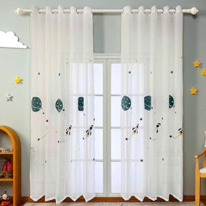 1PC Outer Space Embroidered Sheer Curtain for Kids Room | Rocket Planet Star Voile Drapes for Boys Nursery | Galaxy Window Panel