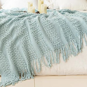 Handmade Boho Knitted Throw Blanket w/ Tassels – Soft, Cozy Couch Throw & Bedspread, Bohemian Home - Bedroom Decor, Gift Idea