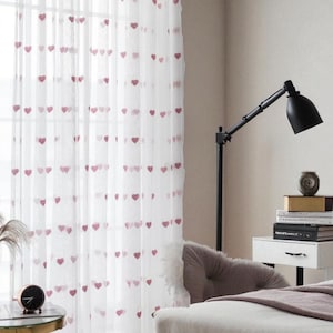Elegant Pink Heart Embroidered Tulle Curtain - Princess Style White Sheer Voile Panel for Girl Bedroom or Nursery