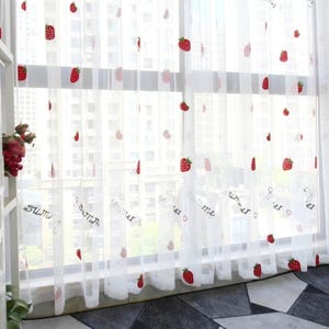 Cute Strawberry Tulle Curtains – White Sheer Embroidered Curtains for Girls&#39; Room, Bedroom & Living Room