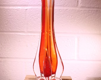Vintage Blood Orange & Clear Glass Swung Vase – Murano Style Art Glass