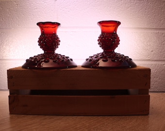 Vintage Fenton Ruby Red Hobnail Candlestick Holders, Set of 2