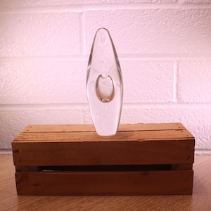 May include: A clear glass vase with an elongated, teardrop shape and a central, oval-shaped opening. The vase is displayed on a small, rustic wooden crate against a white brick wall.