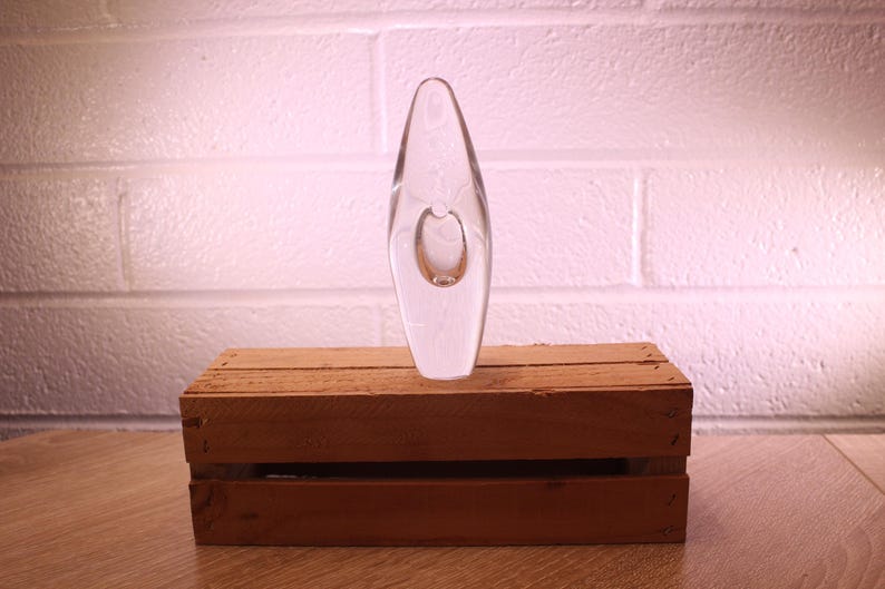 May include: A clear glass vase with an elongated, teardrop shape and a central, oval-shaped opening. The vase is displayed on a small, rustic wooden crate against a white brick wall.