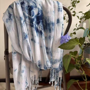 Plant Hand Dyed Cotton Scarf, Blue & White Shibori Tie-Dye Tassel Wrap, Indigo Art Scarf