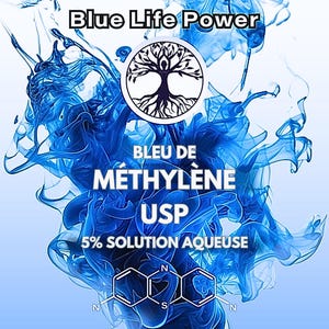 May include: A blue and white graphic design with the text "Blue Life Power" and "BLEU DE M&Eacute;THYL&Egrave;NE USP 5% SOLUTION AQUEUSE". The image includes a tree of life symbol and a chemical structure. The bottle contains 100 ml of liquid.