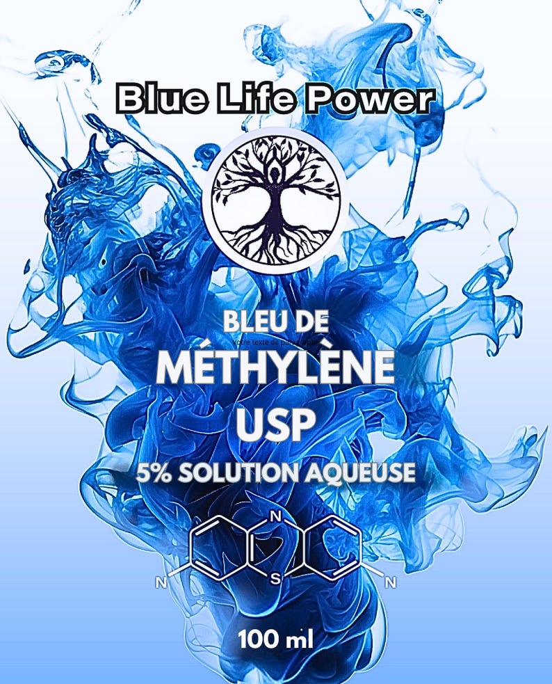 May include: A blue and white graphic design with the text "Blue Life Power" and "BLEU DE M&Eacute;THYL&Egrave;NE USP 5% SOLUTION AQUEUSE". The image includes a tree of life symbol and a chemical structure. The bottle contains 100 ml of liquid.