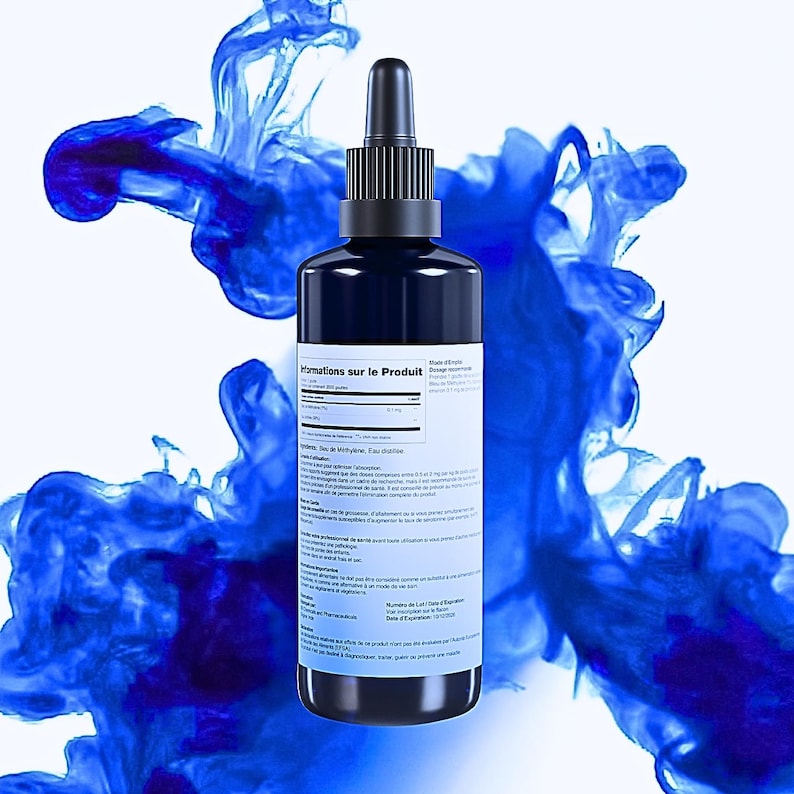 May include: A dark blue bottle with a black dropper, set against a backdrop of swirling blue ink. The bottle has a white label with text. The product appears to be a liquid solution, possibly for health or beauty.