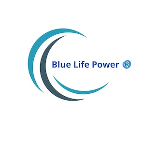 May include: The Blue Life Power logo features a stylized crescent design in shades of blue and gray, with the words "Blue Life Power" in a clean, sans-serif font. The registered trademark symbol is present.
