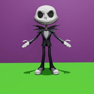May include: A cartoon character with a white skull-like face and black suit, standing with arms outstretched against a purple and green background.