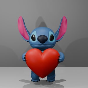 May include: A blue cartoon character with large ears and a big smile holds a red heart in its hands.