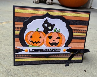Handmade Halloween Card – Cute Pumpkins and Cat, Happy Halloween