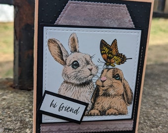 Easter Card - Handmade - Pair of Bunnies - Butterfly - Spring