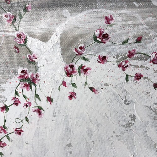 Pretty Handpainted shops Canvas Romantic Pink Roses Vintage White Tutu Dress