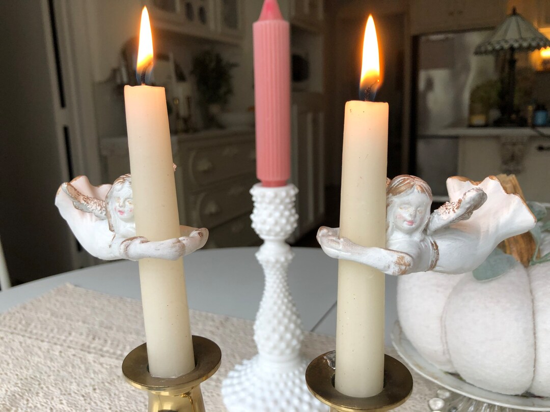 Pair Vintage Angel Candle Huggers White Shabby Candle Decor Etsy