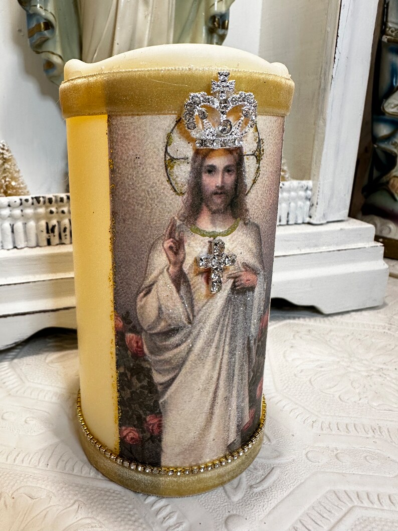 Lovely Rhinestone Embellished Jesus Religious Flameless Candle Alter Etsy