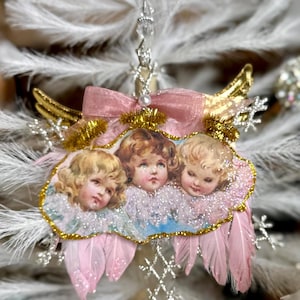 Christmas Angels Ornament Pink Cherub Wings Halos Merry Christmas Handmade Victorian Antique Style