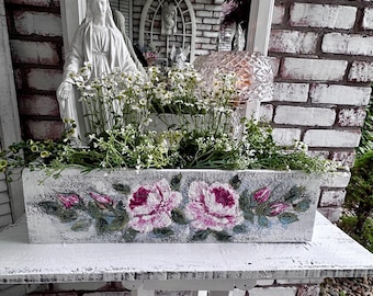 Handpainted Cottage Roses Painting Peonies  Pink Flower Box Outdoor Garden