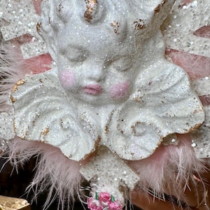 Christmas Angel Ornament Precious Pink Snowflake Merry Christmas Handmade Victorian White