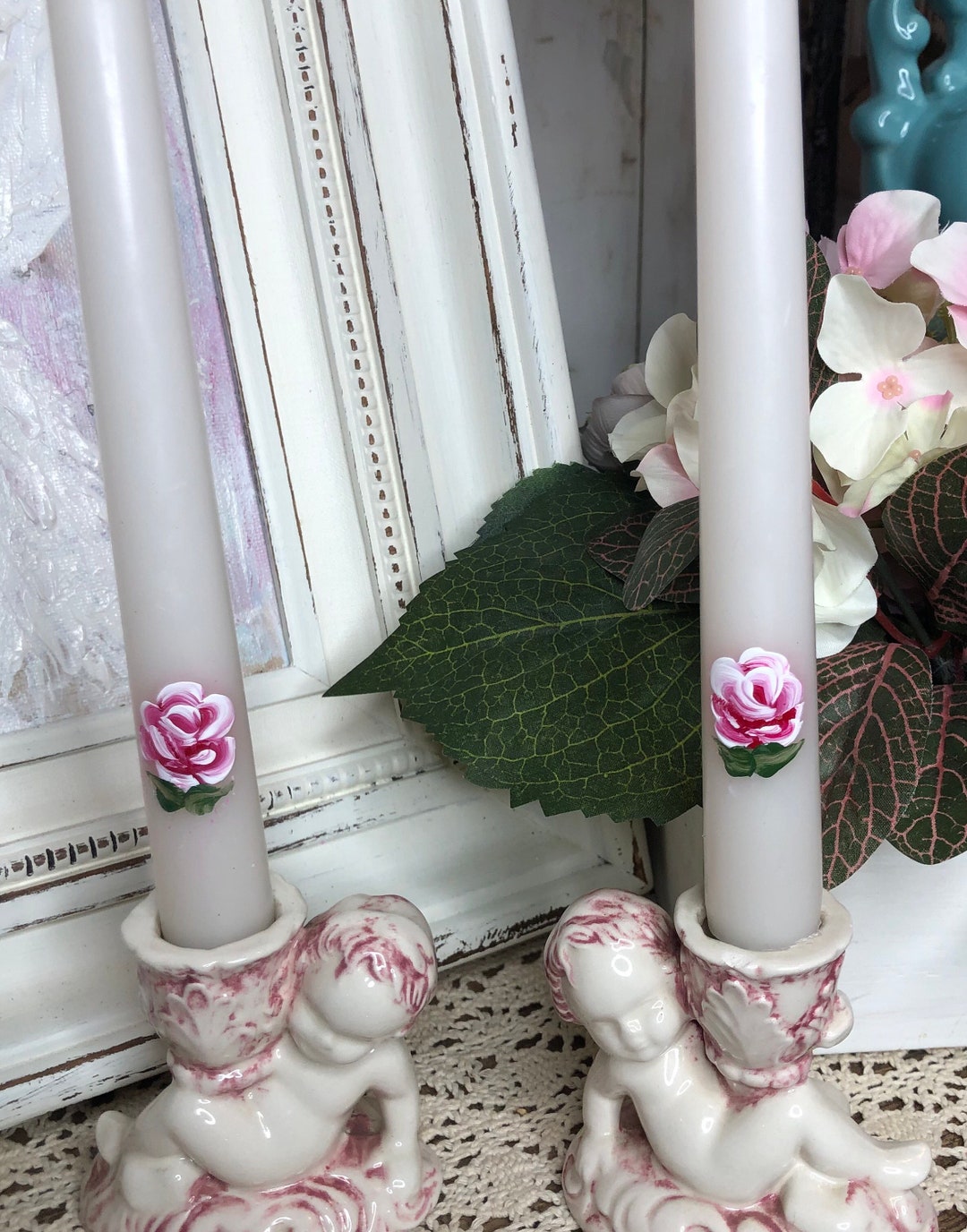 Pair Handpainted Pink Roses White Taper Candles Shabby Chic Romantic ...