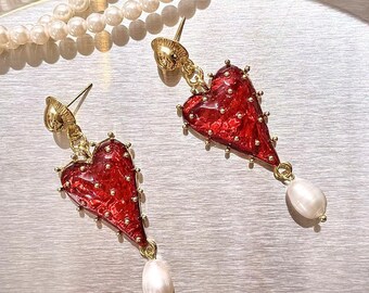 Ruby Red Heart Earrings Valentine‘s Cute Trendy Jelly Fruit Jewelry  Drop Earrings Vintage Earrings Statement Earrings