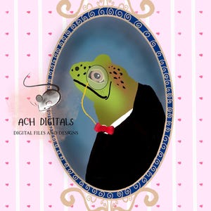 May include: Digital art print featuring a green lizard in a black suit, monocle, and red bow tie, inside an ornate oval frame. A small mouse is to the left. The background is pink with white stripes and hearts. Text reads "ACH DIGITALS DIGITAL FILES AND DESIGNS."