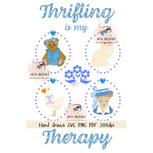 May include: A digital illustration with the text "Thrifting is my Therapy." The image features a teddy bear, a cat, a duck, a woman in a blue hat, and blue flowers, all within dotted circles. Small gray mice are also included.