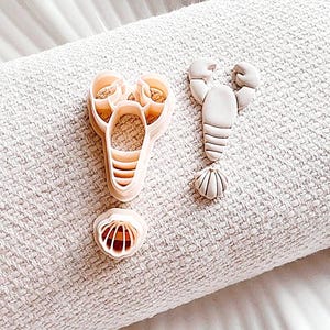 May include: Three light-colored plastic cookie cutters in the shape of a lobster, a lobster claw, and a seashell. The cutters are arranged on a white textured surface.